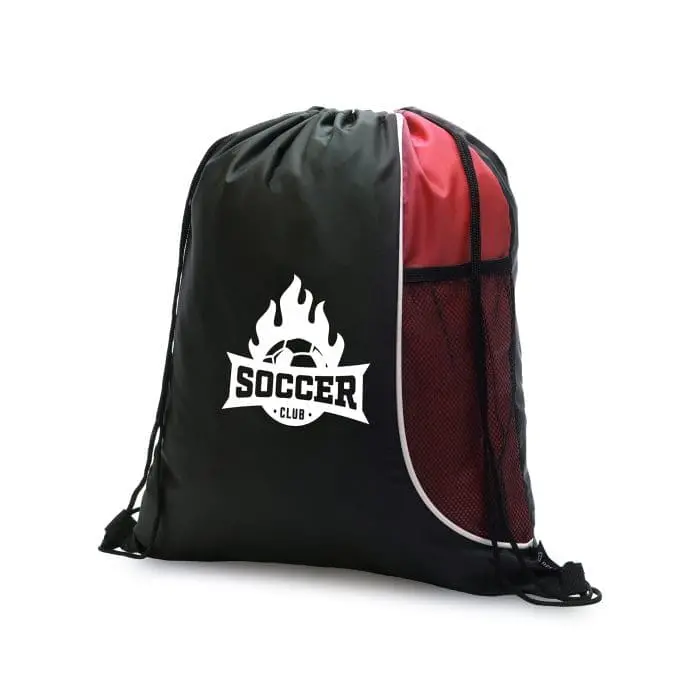 Custom-branded drawstring bag with bottle pocket in red and black with printed logo