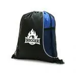 Custom-branded drawstring bag with bottle pocket in blue and black with printed logo