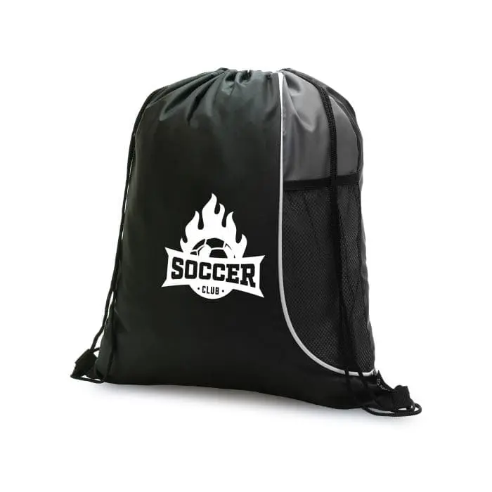 Personalised drawstring bag with bottle pocket in grey and black with printed logo