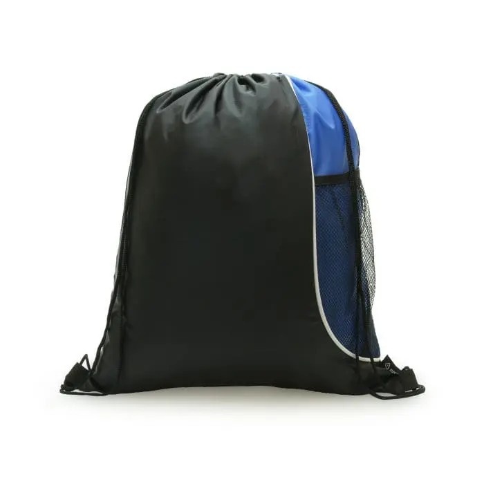 Custom-branded drawstring bag with bottle pocket in blue and black with printed logo