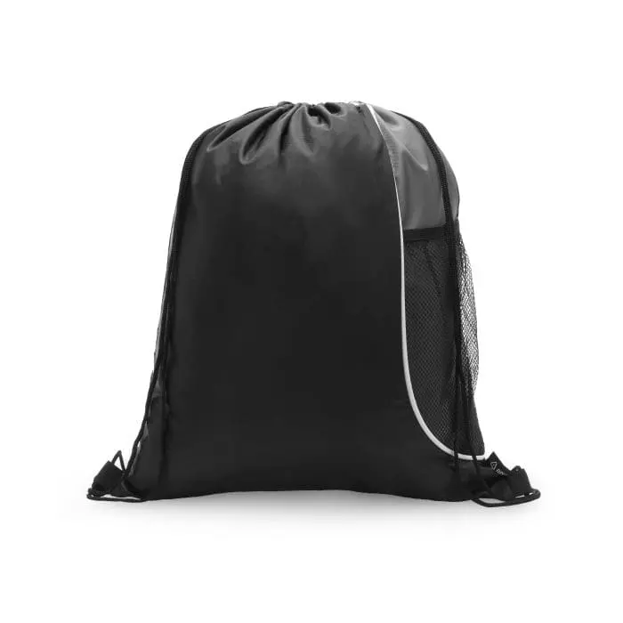 Custom-branded drawstring bag with bottle pocket in grey and black with printed logo