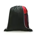 Custom-branded drawstring bag with bottle pocket in red and black with printed logo