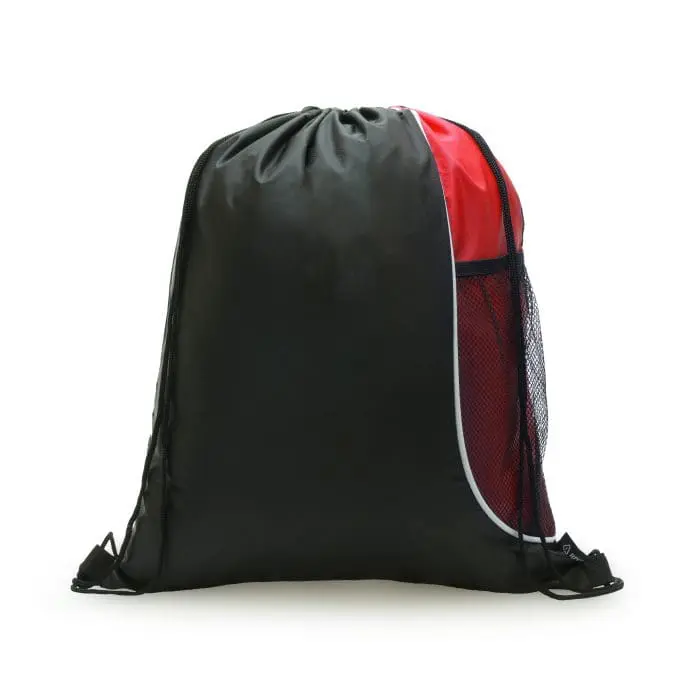 Custom-branded drawstring bag with bottle pocket in red and black with printed logo