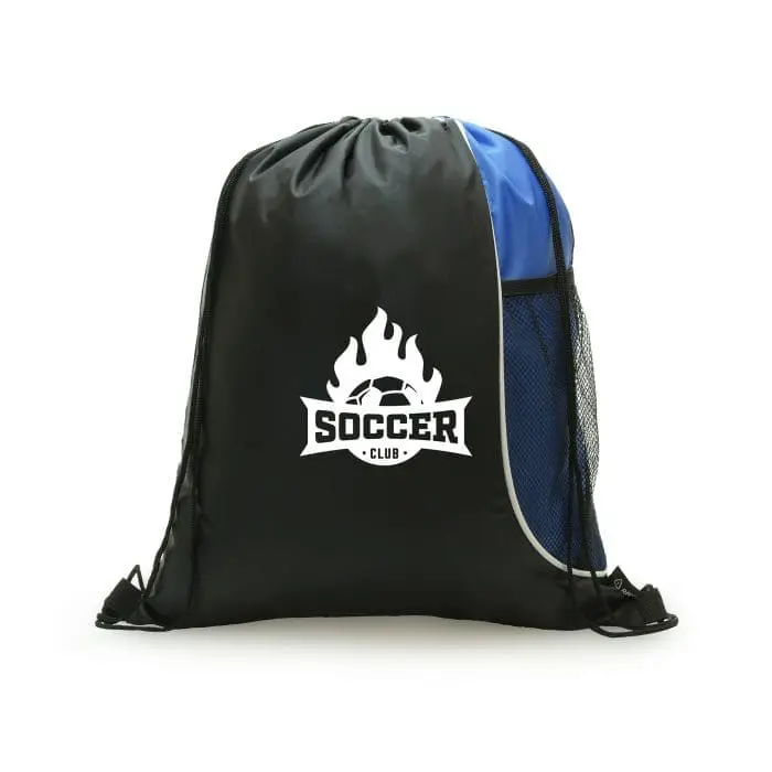 Promotional drawstring bag with bottle pocket in blue and black with printed logo