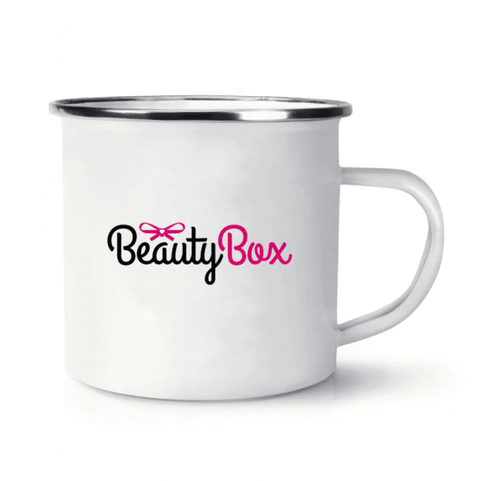 Promotional Enamel Mug 300ml in white with silver rim and printed logo or design