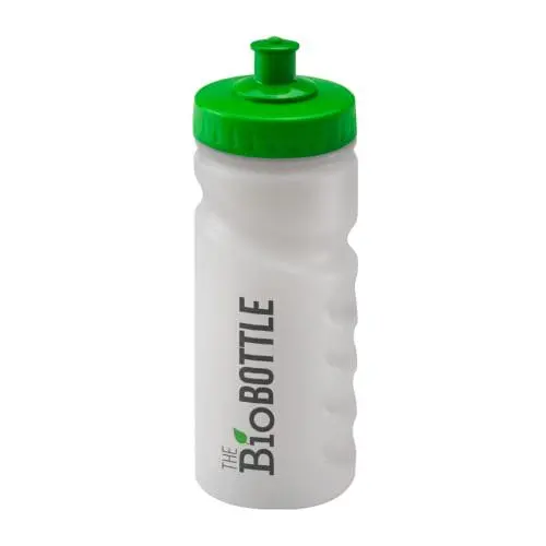 Branded Finger Grip Bio Bottle 500ml in white with green lid and printed logo