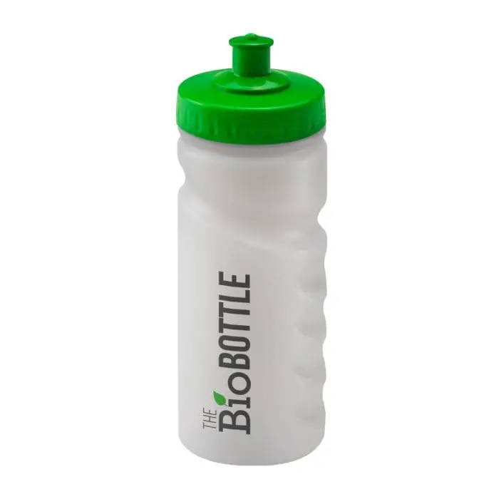 Branded Finger Grip Bio Bottle 500ml in white with green lid and printed logo