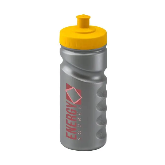 Printed Finger Grip Bottle 500ml in silver with yellow lid and printed logo