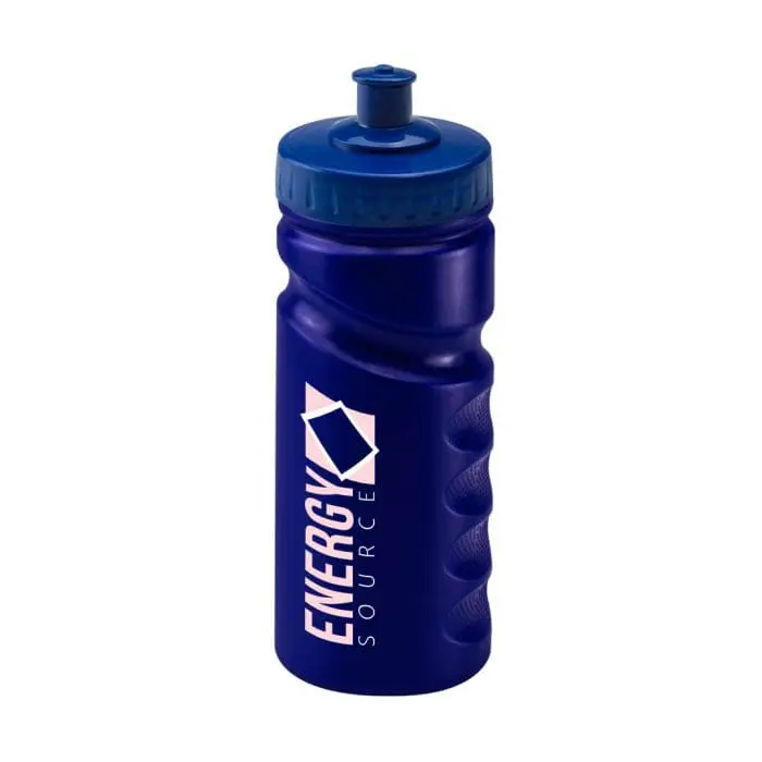 Branded Finger Grip Bottle 500ml in blue with blue lid and printed logo