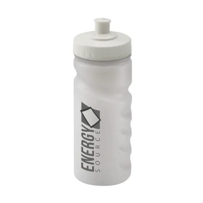 Branded Finger Grip Bottle 500ml in clear with white lid and printed logo