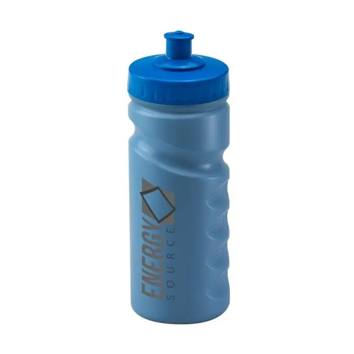 Branded Finger Grip Bottle 500ml in light blue with blue lid and printed logo