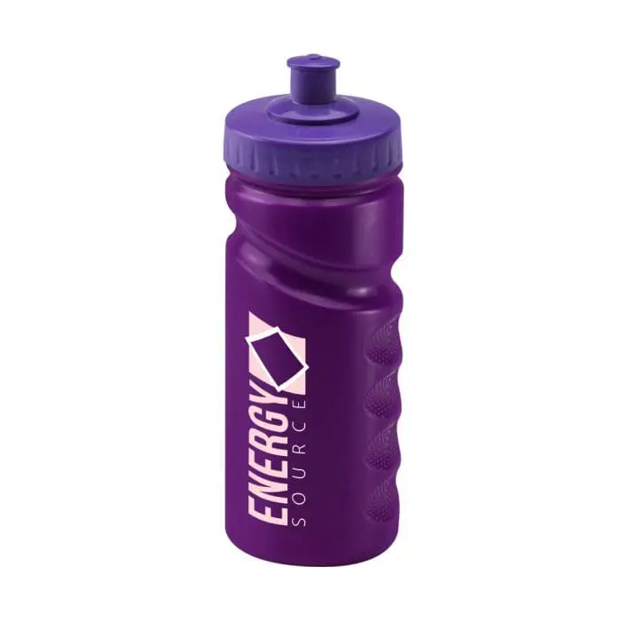 Promotional Finger Grip Bottle 500ml in purple with purple lid and printed logo