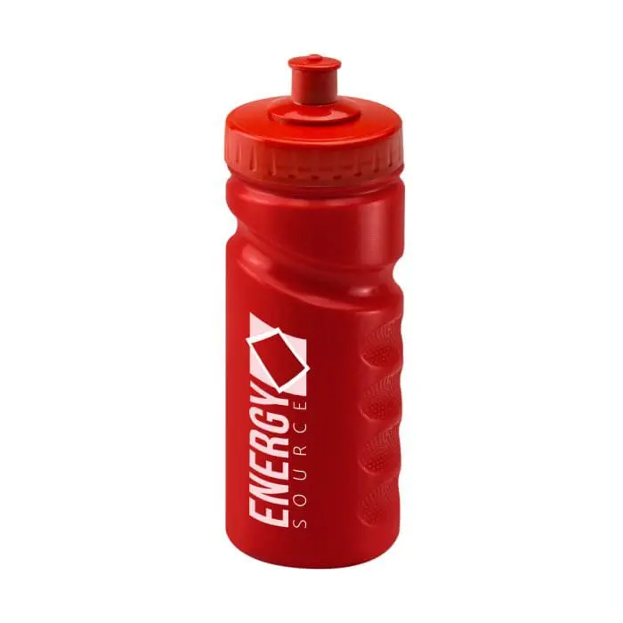 Promotional Finger Grip Bottle 500ml in red with red lid and printed logo