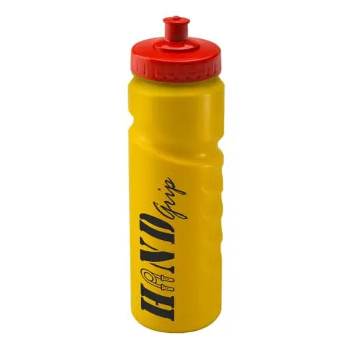 Printed Finger Grip Bottle 750ml in yellow with red lid and printed logo