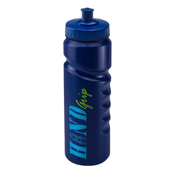 Branded Finger Grip Bottle 750ml in blue with blue lid and printed logo