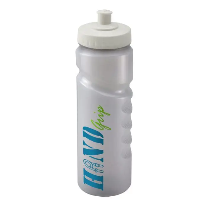 Branded Finger Grip Bottle 750ml in clear with white lid and printed logo