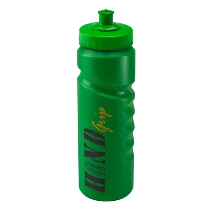 Branded Finger Grip Bottle 750ml in green with green lid and printed logo