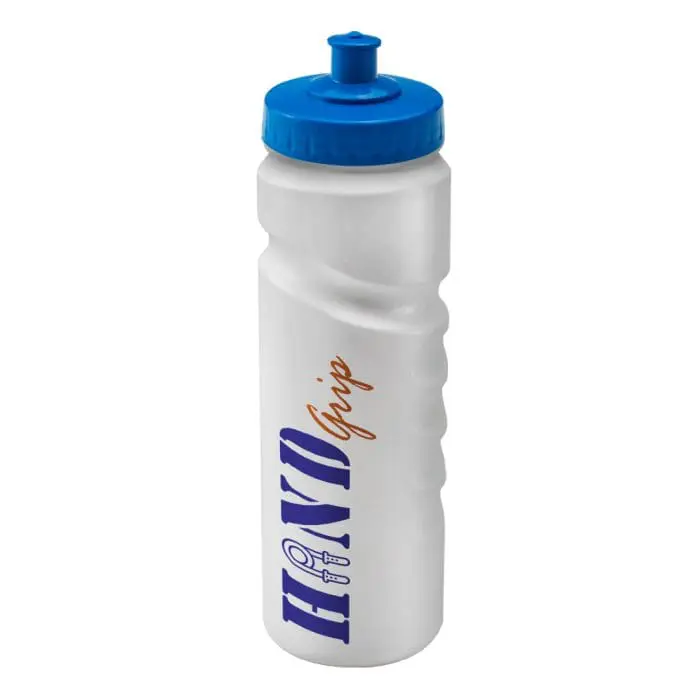 Promotional Finger Grip Bottle 750ml in white with light blue lid and printed logo