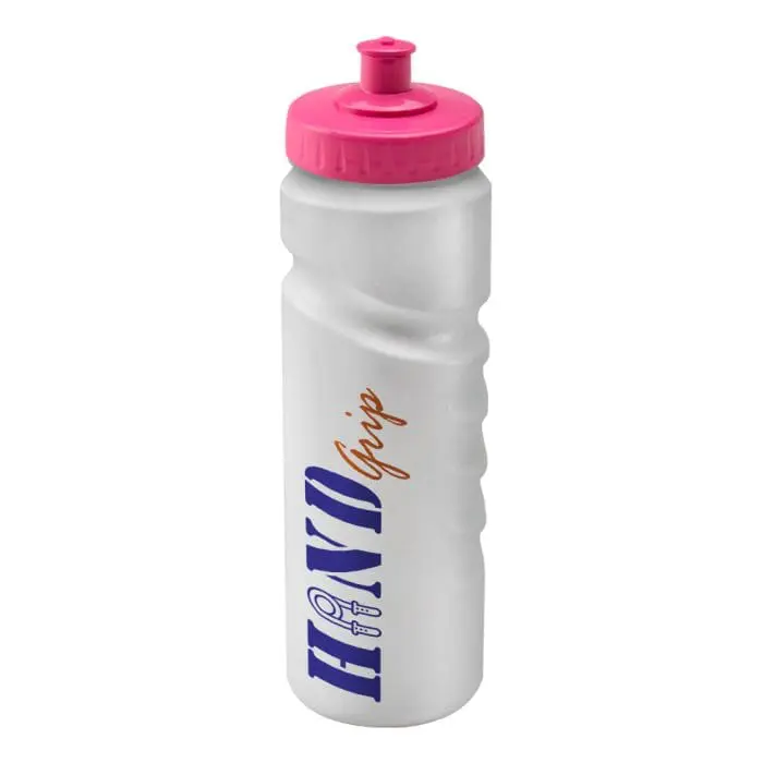 Promotional Finger Grip Bottle 750ml in white with pink lid and printed logo