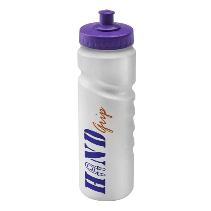 Promotional Finger Grip Bottle 750ml in white with purple lid and printed logo