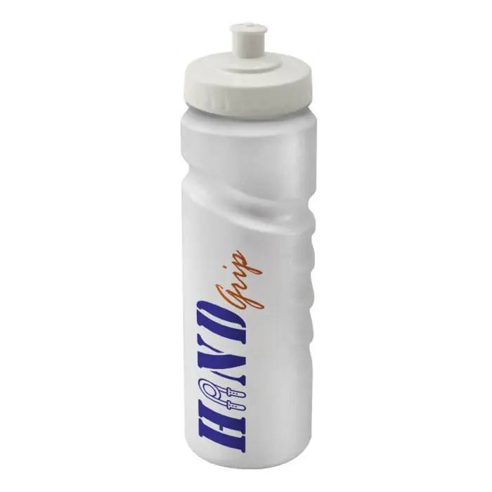 Printed Finger Grip Bottle 750ml in white with white lid and printed logo