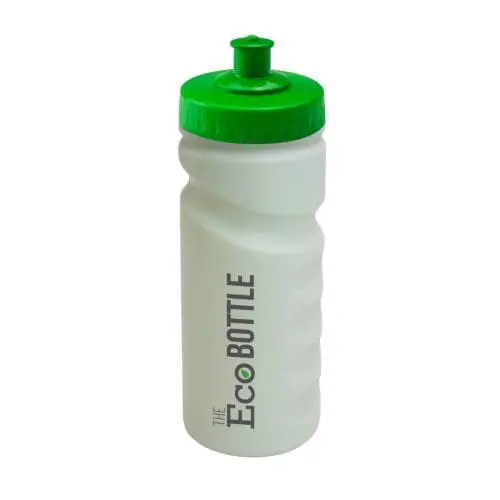 Branded Finger Grip Recycled Bottle 500ml in white with green lid and printed logo