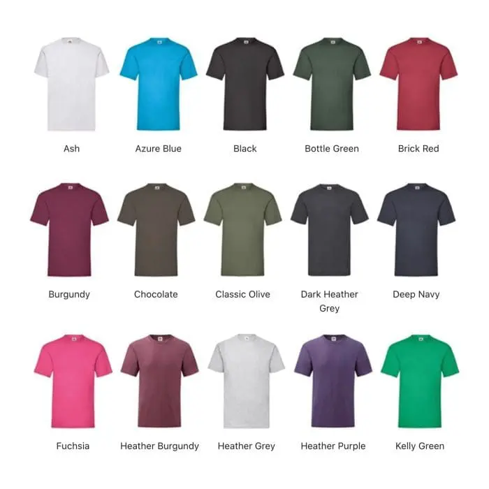 Branded Fruit of the Loom Valueweight t-shirt in various colours with printed logo