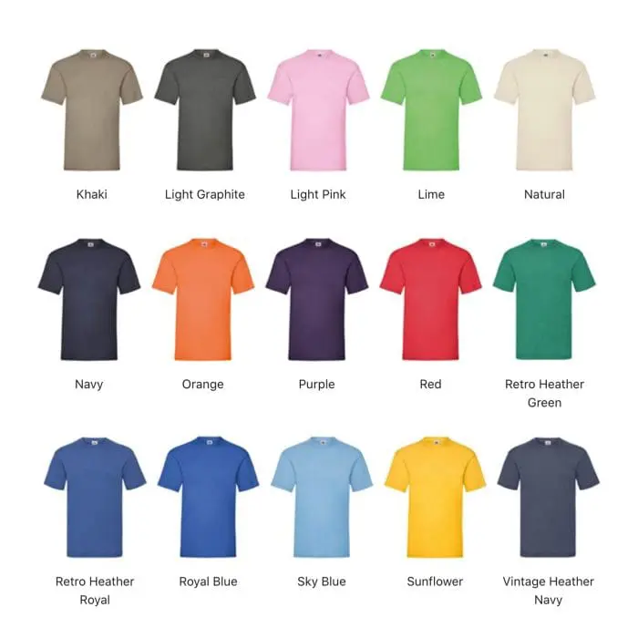 Branded Fruit of the Loom Valueweight t-shirt in various colours with printed logo