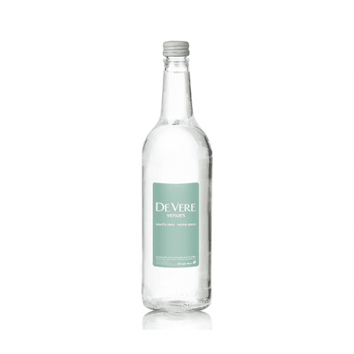 Promotional Glass Bottled Water 750ml with silver lid and label printed with logo or design