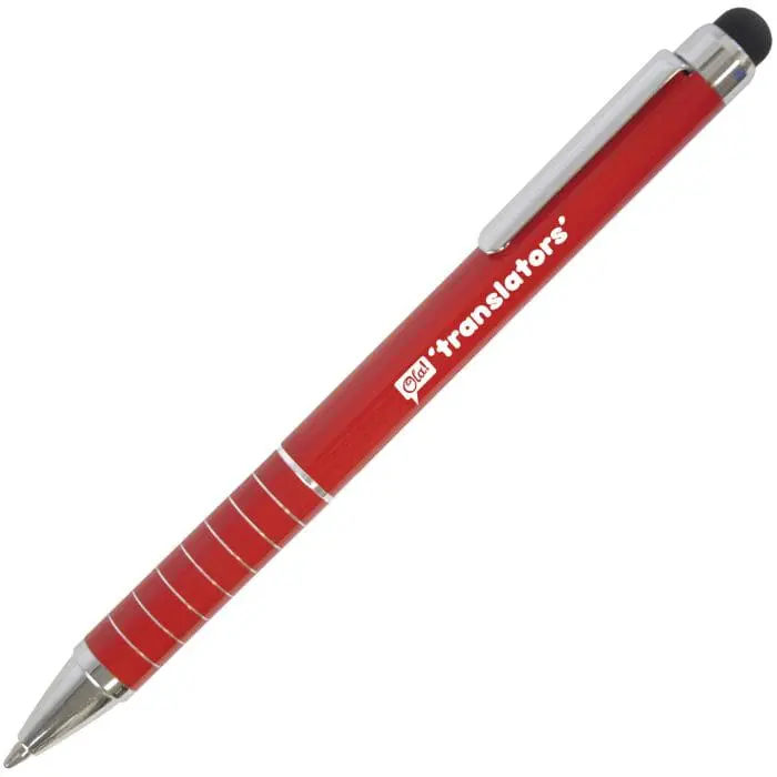 Printed Midi Soft Stylus Ballpen in red and silver with black stylus and printed logo