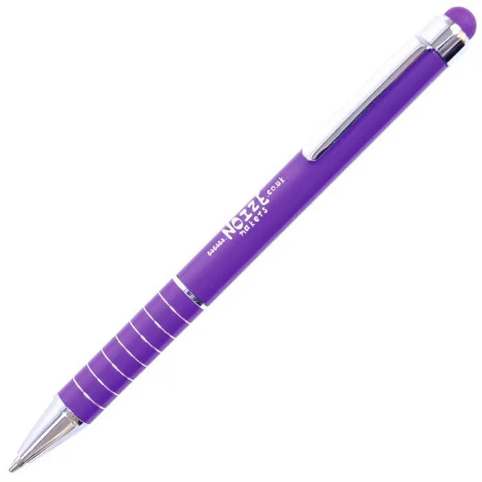 Promotional Midi Tropical Soft Stylus Pen in purple and silver with printed logo