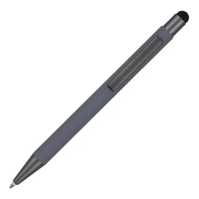 Branded Neptune Soft Feel Stylus Ballpen in grey with black stylus and printed logo