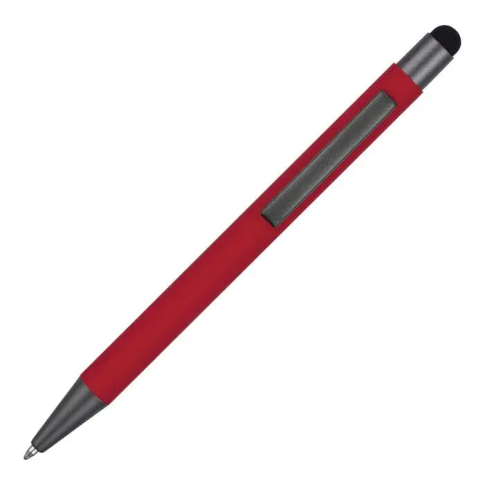 Branded Neptune Soft Feel Stylus Ballpen in red with black stylus and printed logo