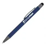 Promotional Neptune Soft Feel Stylus Ballpen in blue with black stylus and printed logo