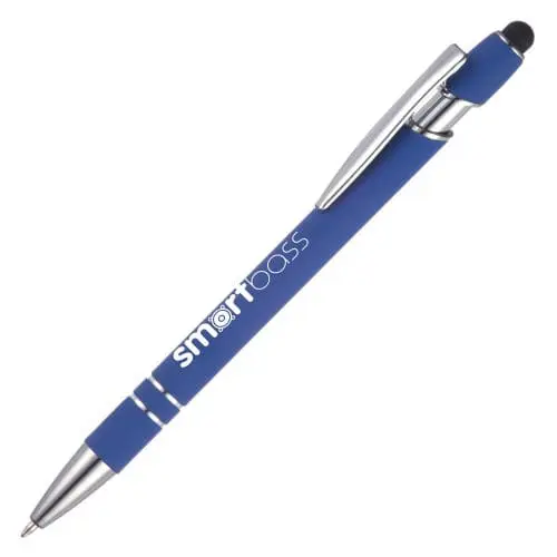 Branded Nimrod Soft Feel Stylus Ballpen in blue and silver with black stylus and printed logo