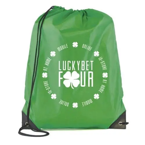 Promotional polyester drawstring bag in green with printed logo