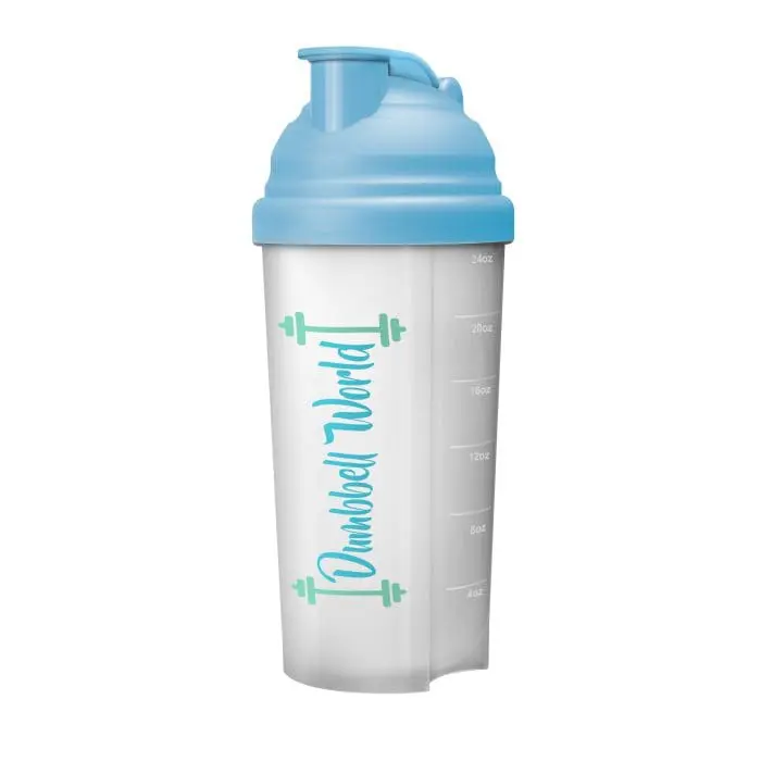 Promotional Protein Shaker 700ml in white with light blue lid and printed with your logo