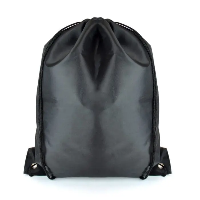 Promotional recycled RPET drawstring bag in black with black trim and printed logo