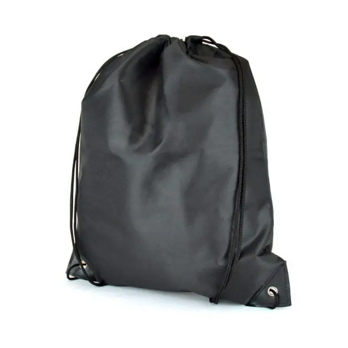 Promotional recycled RPET drawstring bag in black with black trim and printed logo