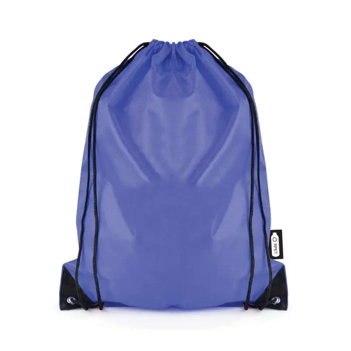 Promotional recycled RPET drawstring bag in purple with black trim and printed logo