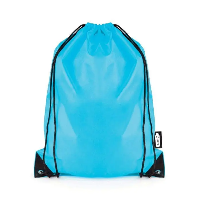 Promotional recycled RPET drawstring bag in light blue with black trim and printed logo