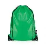 Promotional recycled RPET drawstring bag in green with black trim and printed logo