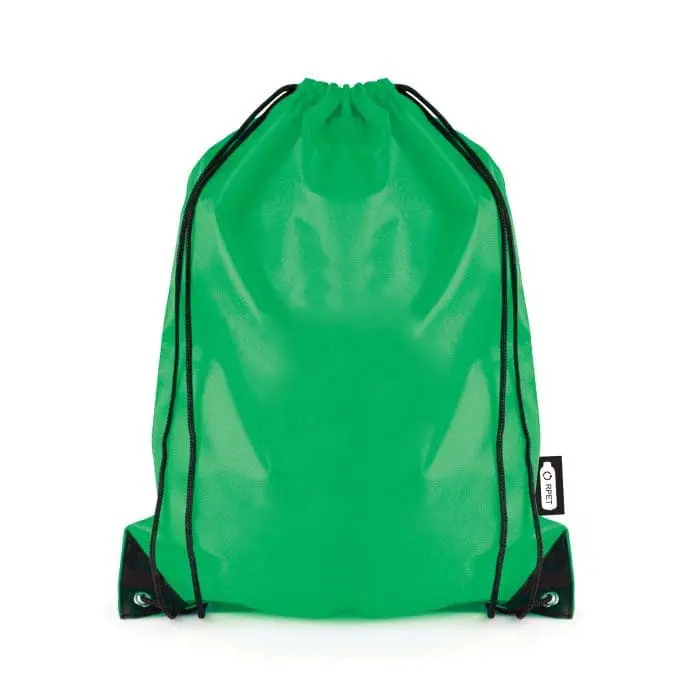 Promotional recycled RPET drawstring bag in green with black trim and printed logo