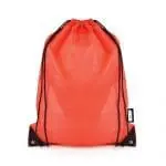 Promotional recycled RPET drawstring bag in red with black trim and printed logo