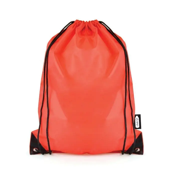 Promotional recycled RPET drawstring bag in red with black trim and printed logo