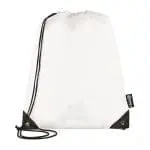 Promotional recycled RPET drawstring bag in white with black trim and printed logo