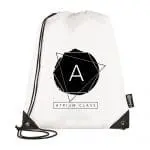 Promotional recycled RPET drawstring bag in white with printed logo