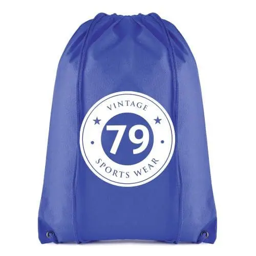 Promotional recyclable non woven drawstring bag in blue with printed logo