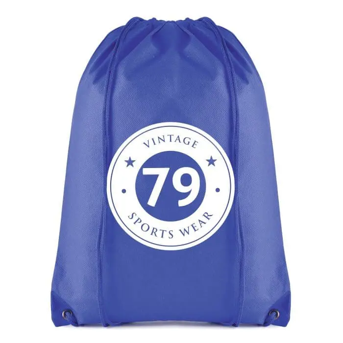 Promotional recyclable non woven drawstring bag in blue with printed logo