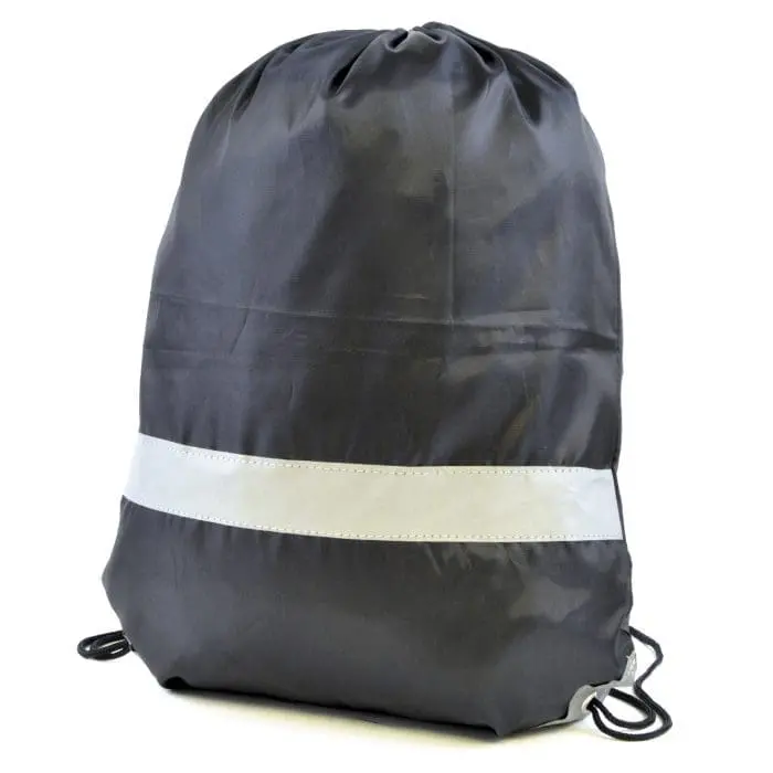 Promotional reflective band drawstring bag in black with printed logo